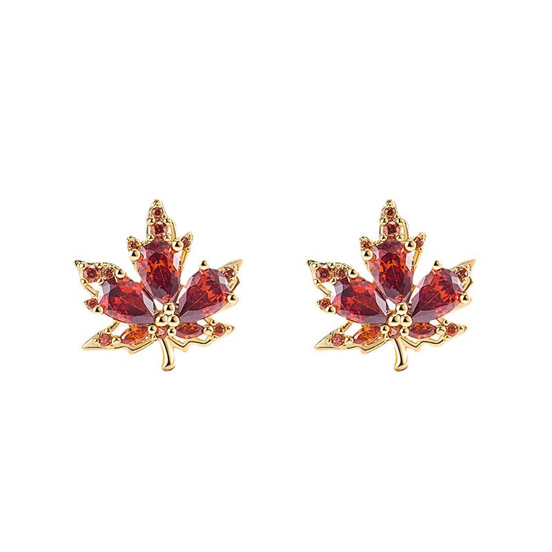 Wholesale Red Zircon Maple Leaf Copper Earrings